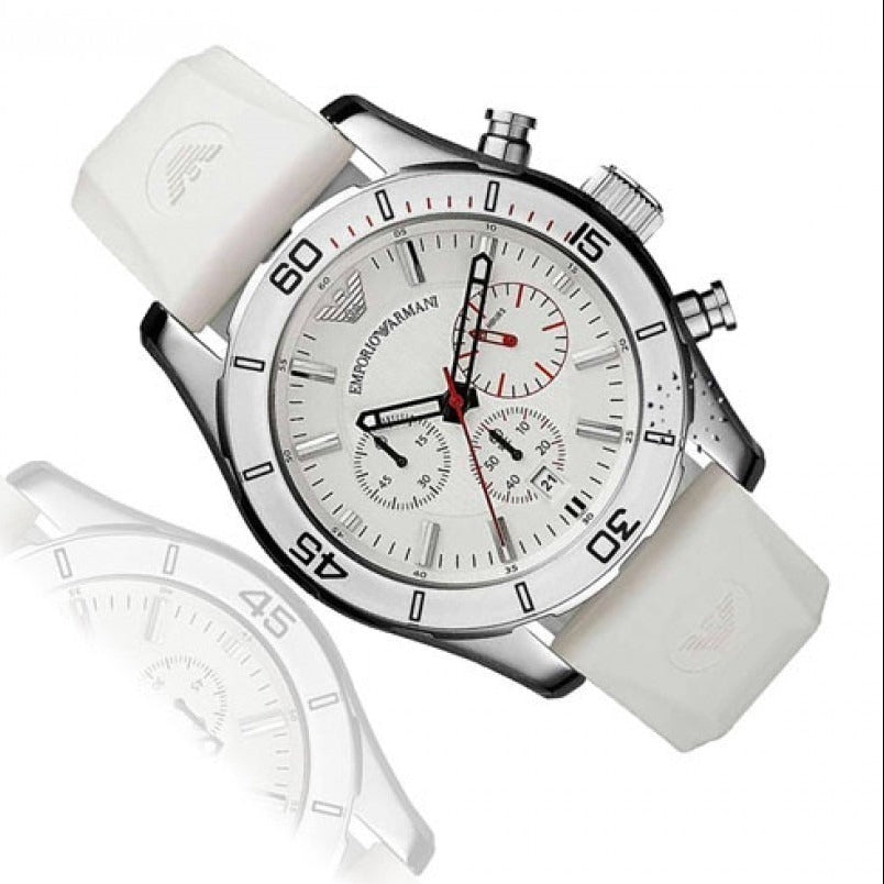 Emporio Armani Sportivo AR5947 chronograph watch displayed at angle with white rubber strap and packaging
