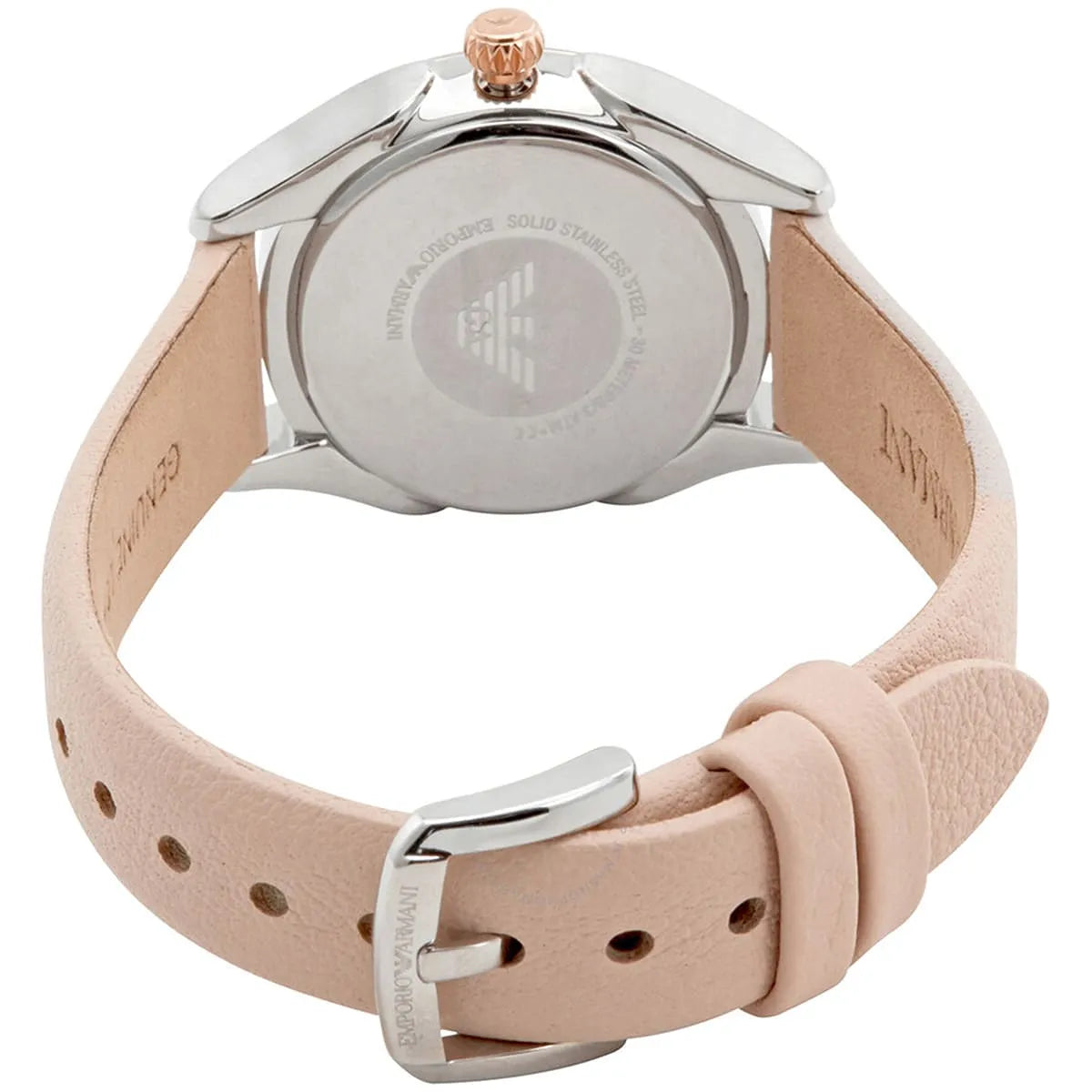 Emporio Armani AR11031 Valeria watch caseback showing movement and engraved Emporio Armani eagle logo
