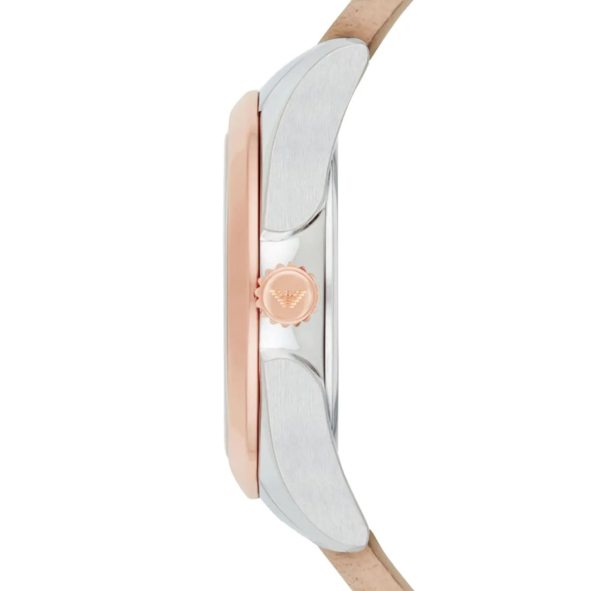 Emporio Armani AR11031 Valeria watch side profile showing rose gold accents and silver case