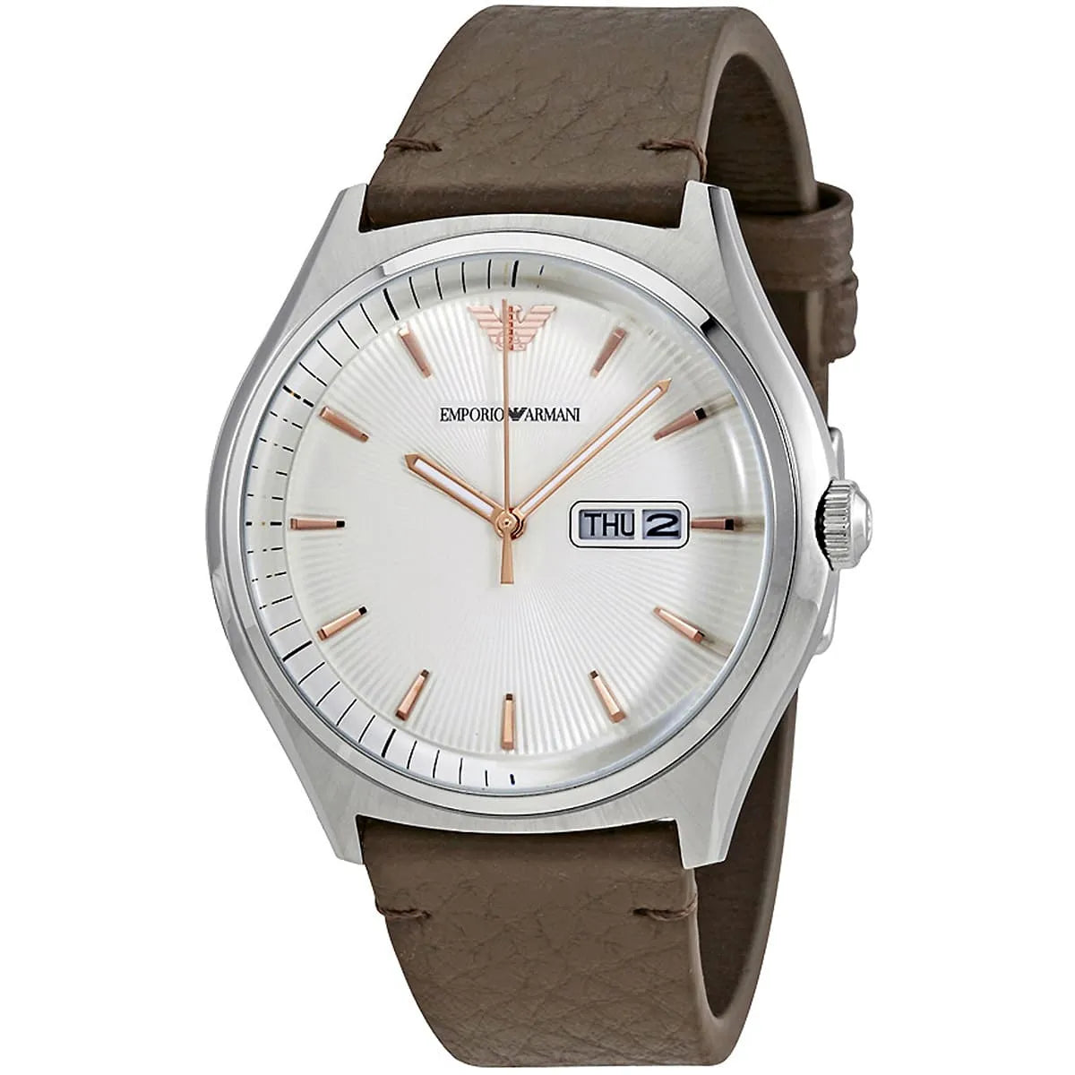 Emporio Armani Zeta men's watch at angle showing white dial with rose gold hands and indices, stainless steel case, and brown leather strap