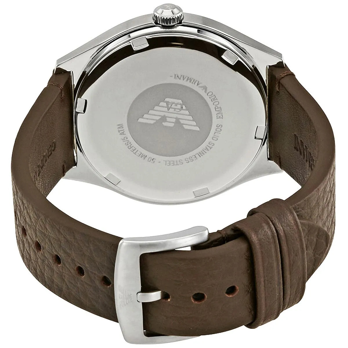 Emporio Armani Zeta watch caseback detail showing stainless steel case back with logo engraving