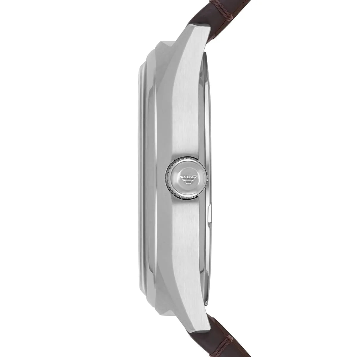 Emporio Armani Zeta watch shown from side angle displaying stainless steel case profile and dark brown leather strap