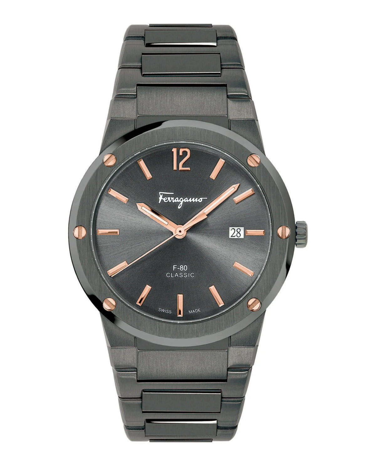 Ferragamo F-80 Classic grey dial watch with rose gold accents and stainless steel bracelet