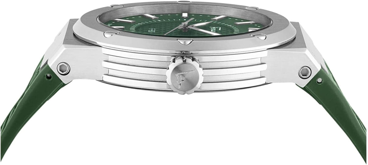 Ferragamo F-80 watch side view displaying polished steel case and green rubber strap