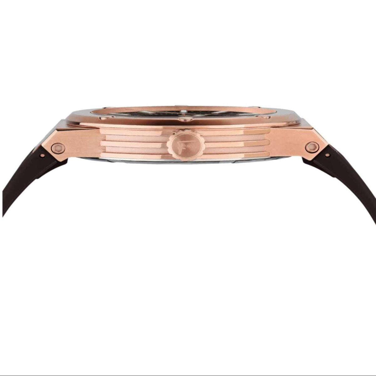 Side profile of Ferragamo F-80 watch showing rose gold case and black silicone strap