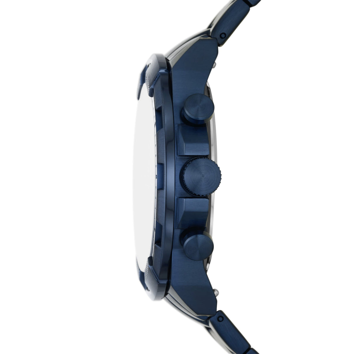 Side view of Fossil Bronson navy stainless steel chronograph watch showing case and bracelet