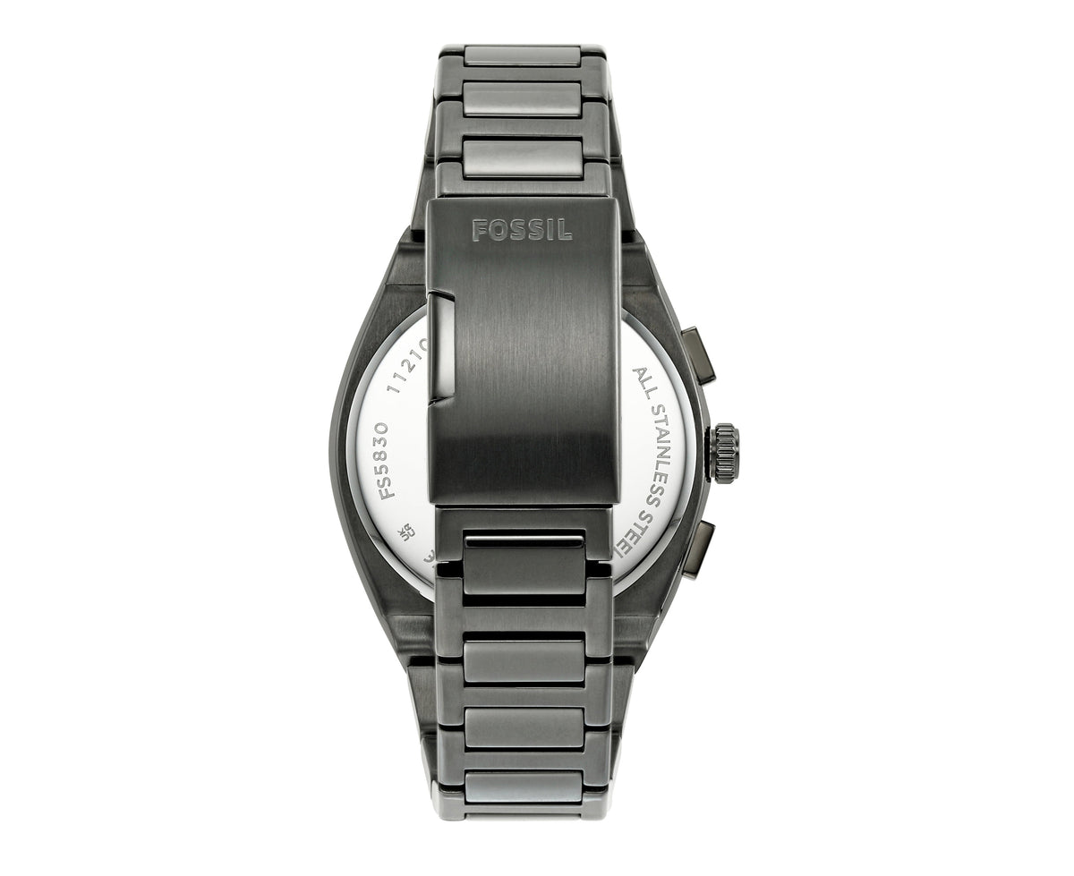 Fossil Everett watch caseback showing stainless steel band and model information