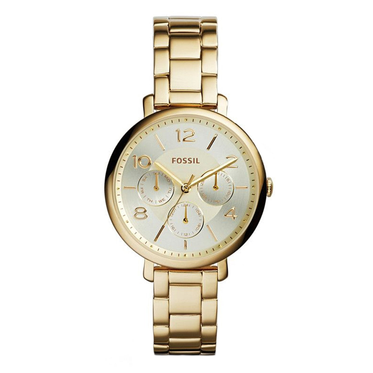 Fossil Jacqueline gold stainless steel women's watch with champagne dial and chronograph subdials