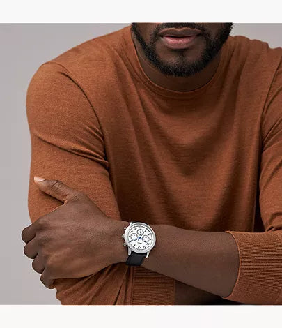Fossil Neutra FS6023 chronograph watch worn on wrist with white dial and black strap