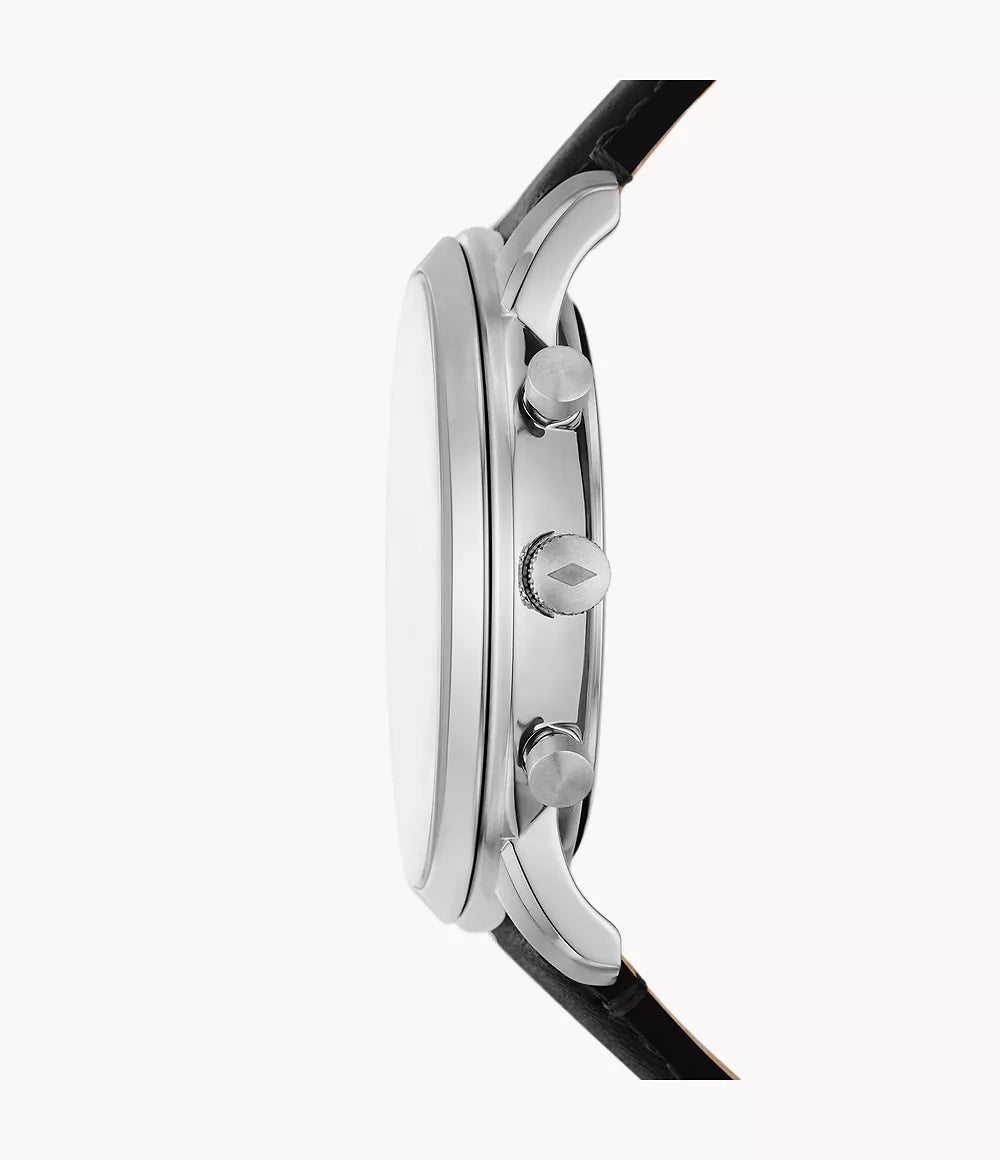 Fossil Neutra FS6023 watch side profile with chronograph pushers and black leather strap