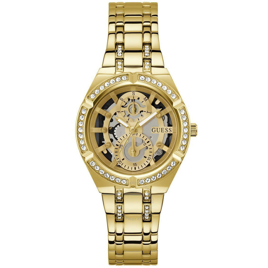Guess Allara quartz women's watch with gold dial, crystal bezel, and gold-tone bracelet