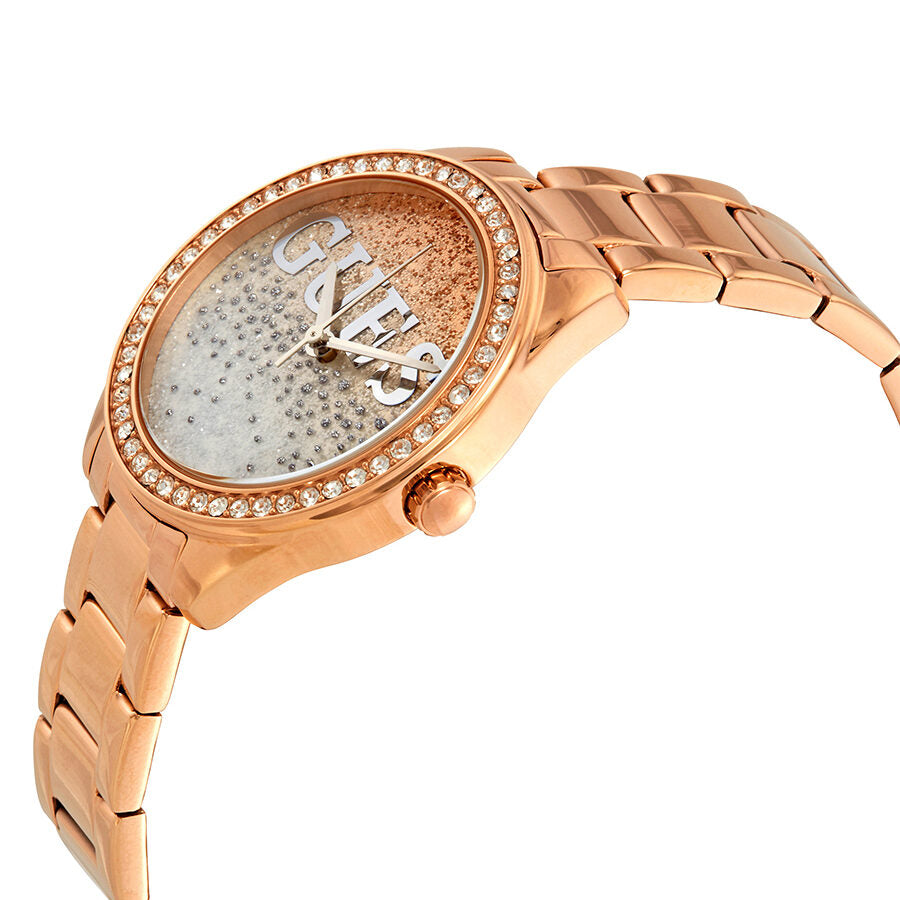 Guess Glitter Girl watch side angle showing rose gold case and link bracelet