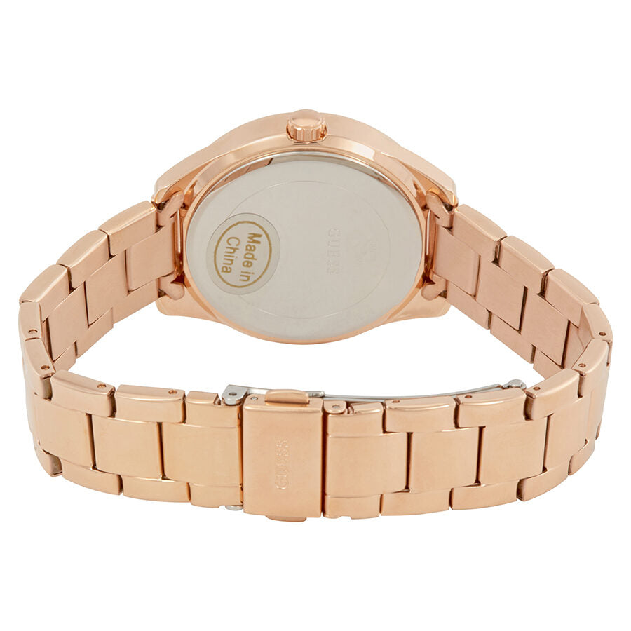 Case back of Guess Glitter Girl watch showing rose gold stainless steel back