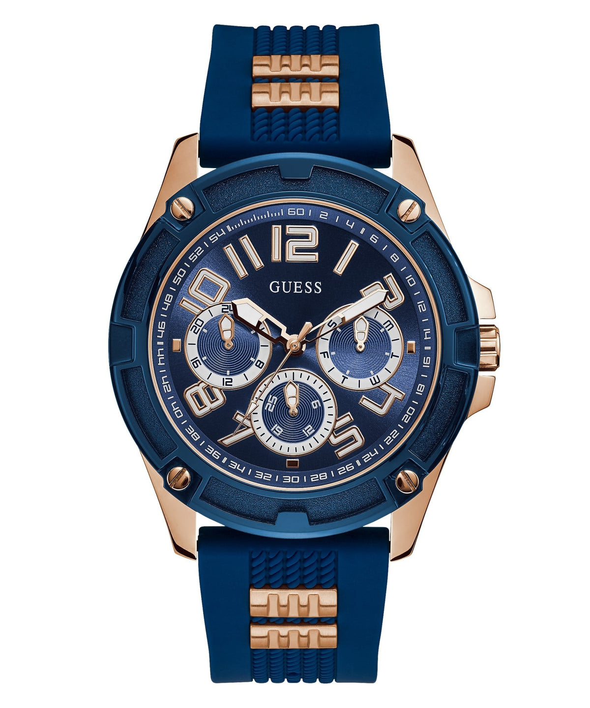 Guess two-tone blue silicone men's chronograph watch with rose gold case and multi-subdial dial