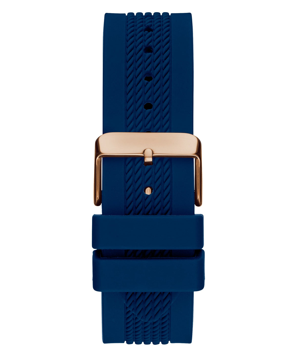 Blue silicone strap with rose gold buckle and adjustment holes