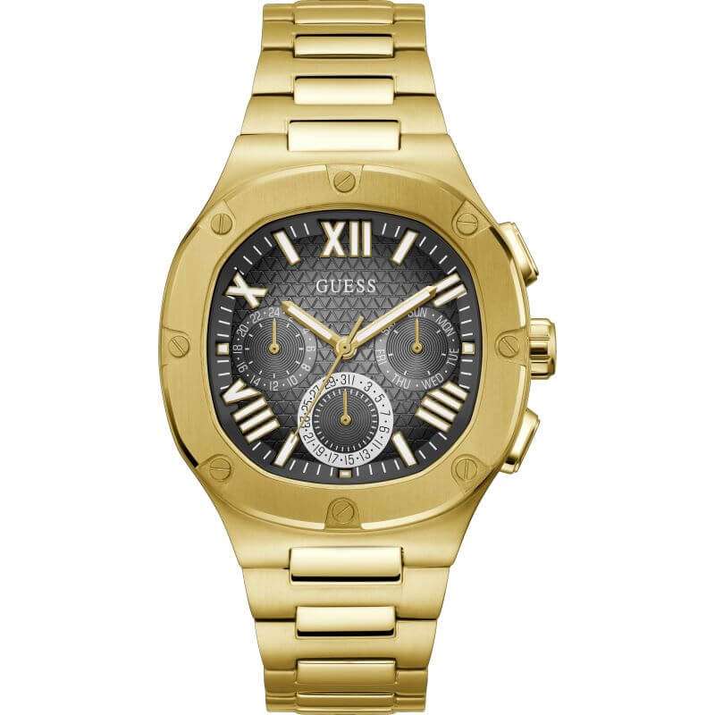 Guess GW0572G2 gold-tone watch with black dial, Roman numerals, and chronograph subdials