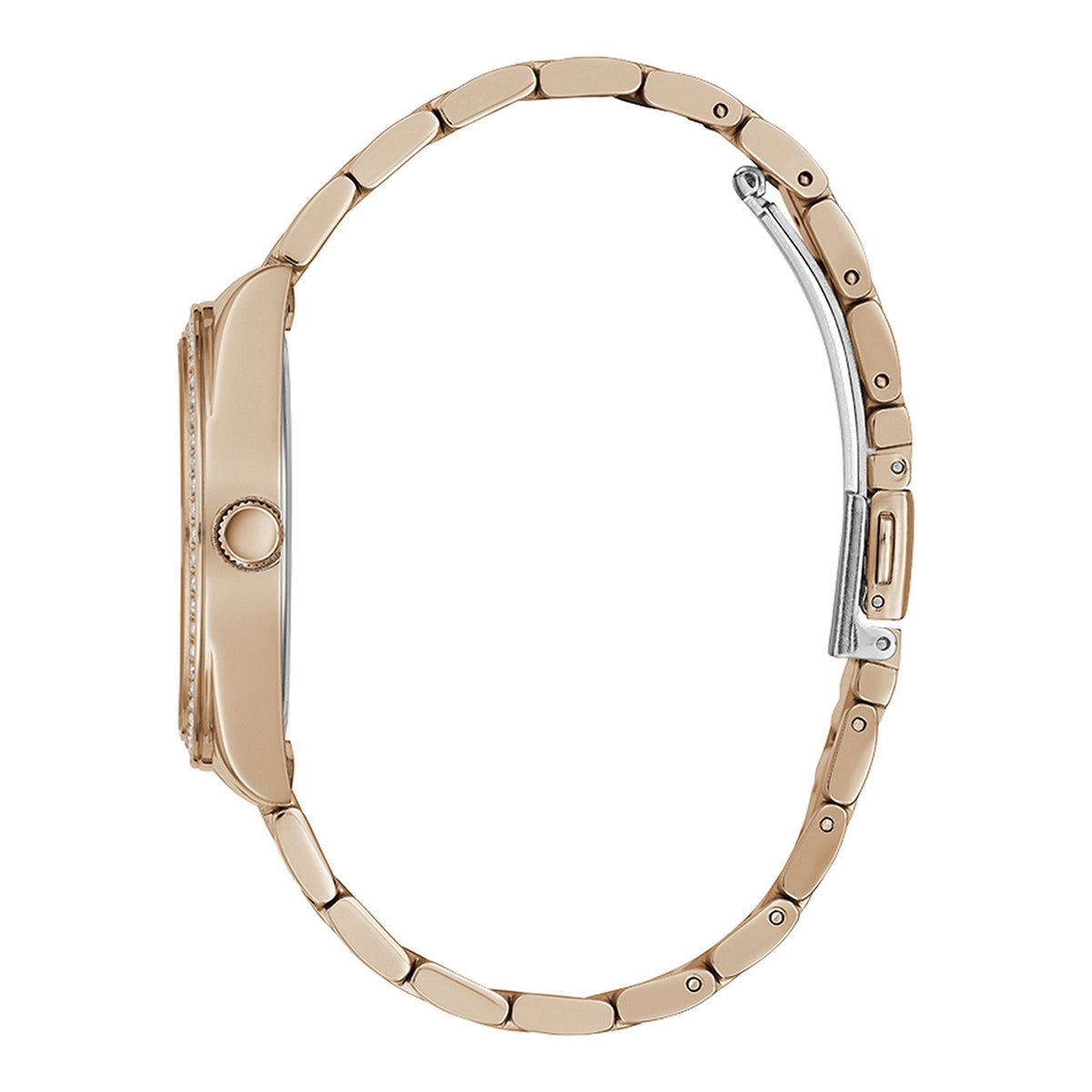 Guess Luna watch side profile showing rose gold case and bracelet