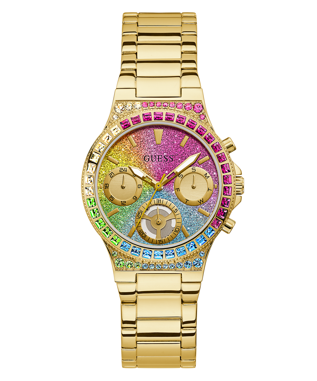 Guess Sugarrush gold women's watch with colorful ombre dial and crystal-set bezel