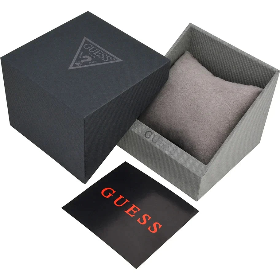 Guess watch box opened showing dark exterior with logo, gray interior with cushioned pillow, and Guess branded card
