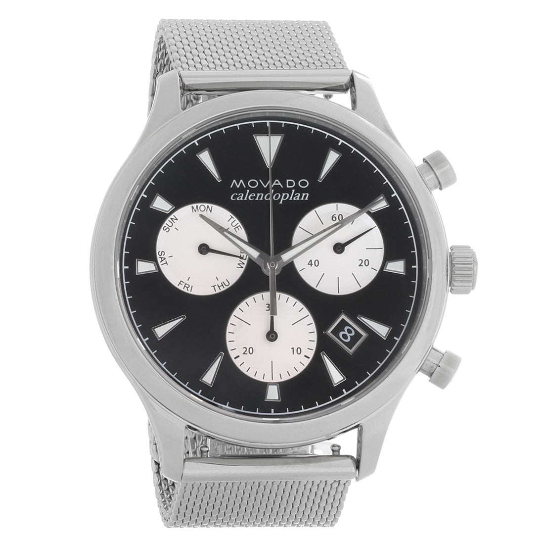 Movado Heritage Calendoplan chronograph with black dial and mesh bracelet angled view