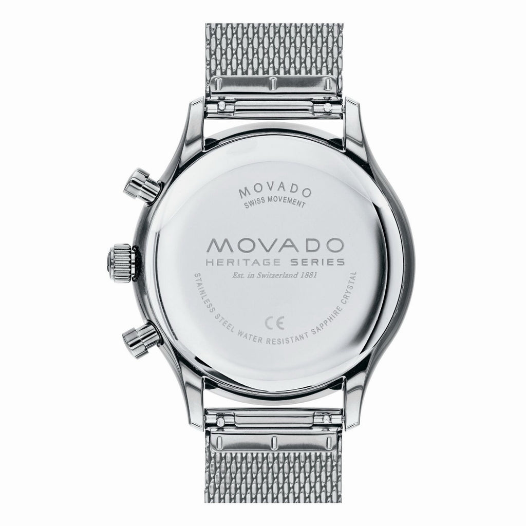 Heritage Calendoplan stainless steel caseback with Movado Heritage Series branding