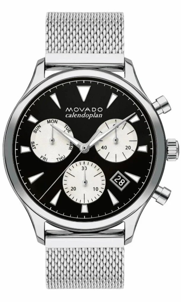 Heritage Calendoplan stainless steel watch with black dial and white subdials