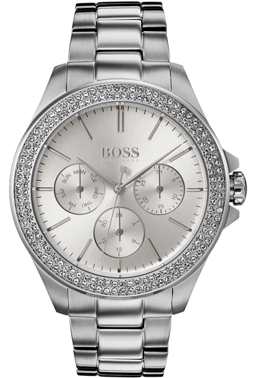 Hugo Boss Crystal Silver Analogue Women's Watch with crystal-set bezel, silver dial, and stainless steel bracelet