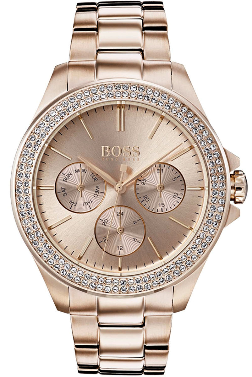 Hugo Boss rose gold women's chronograph watch with crystal bezel and three subdials