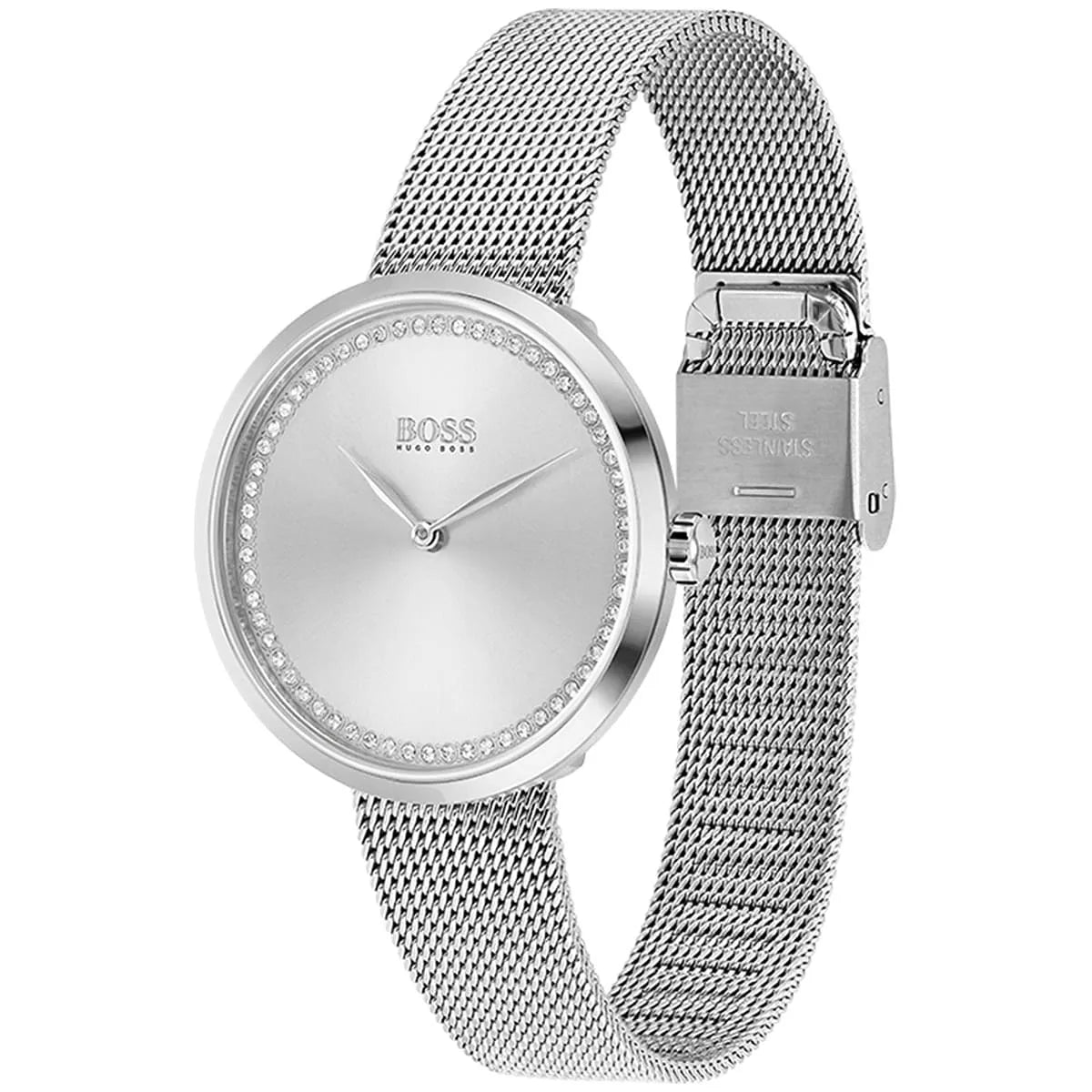 Side angle view of Hugo Boss watch showing silver dial and mesh bracelet with fold-over clasp