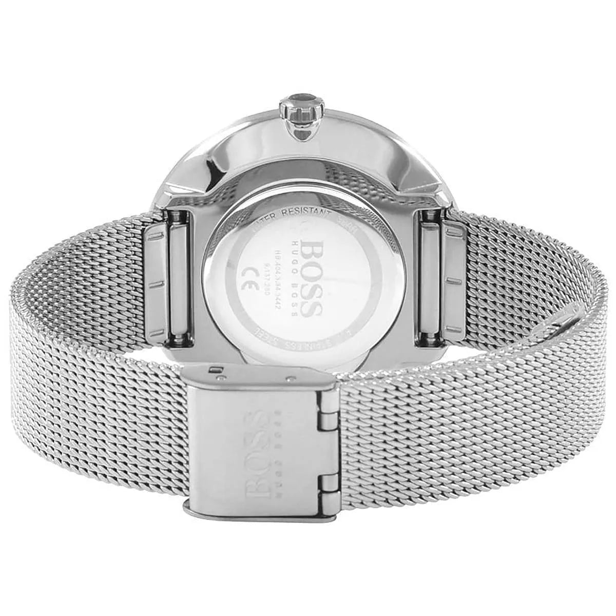 Hugo Boss watch caseback detail showing engraved brand logo and case construction