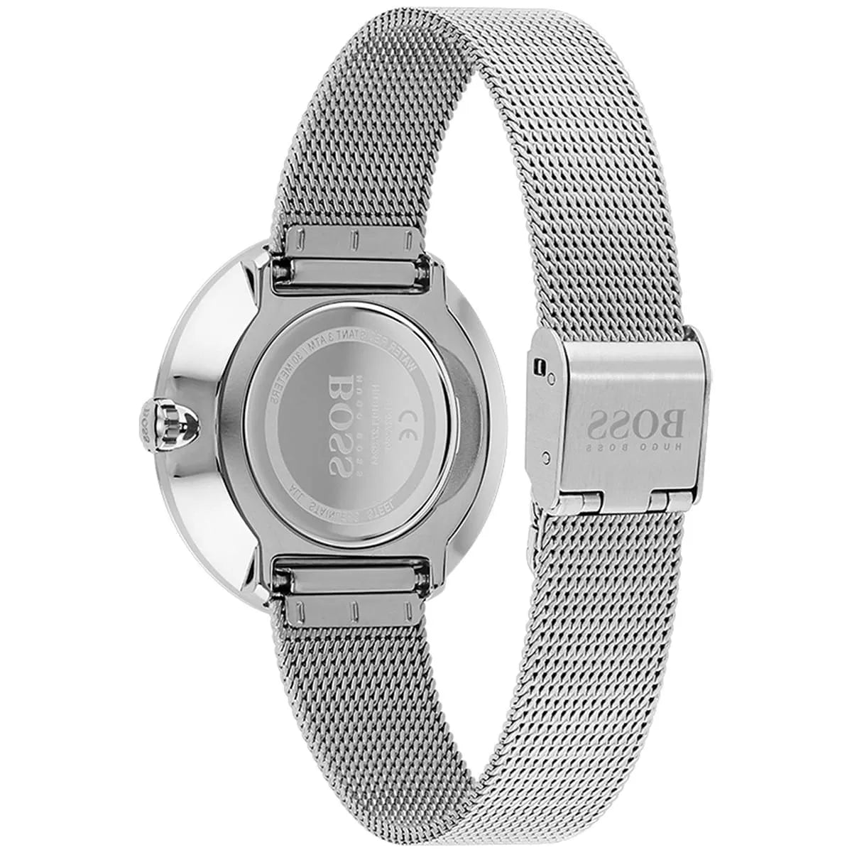Caseback view of Hugo Boss watch displaying stainless steel case and mesh bracelet
