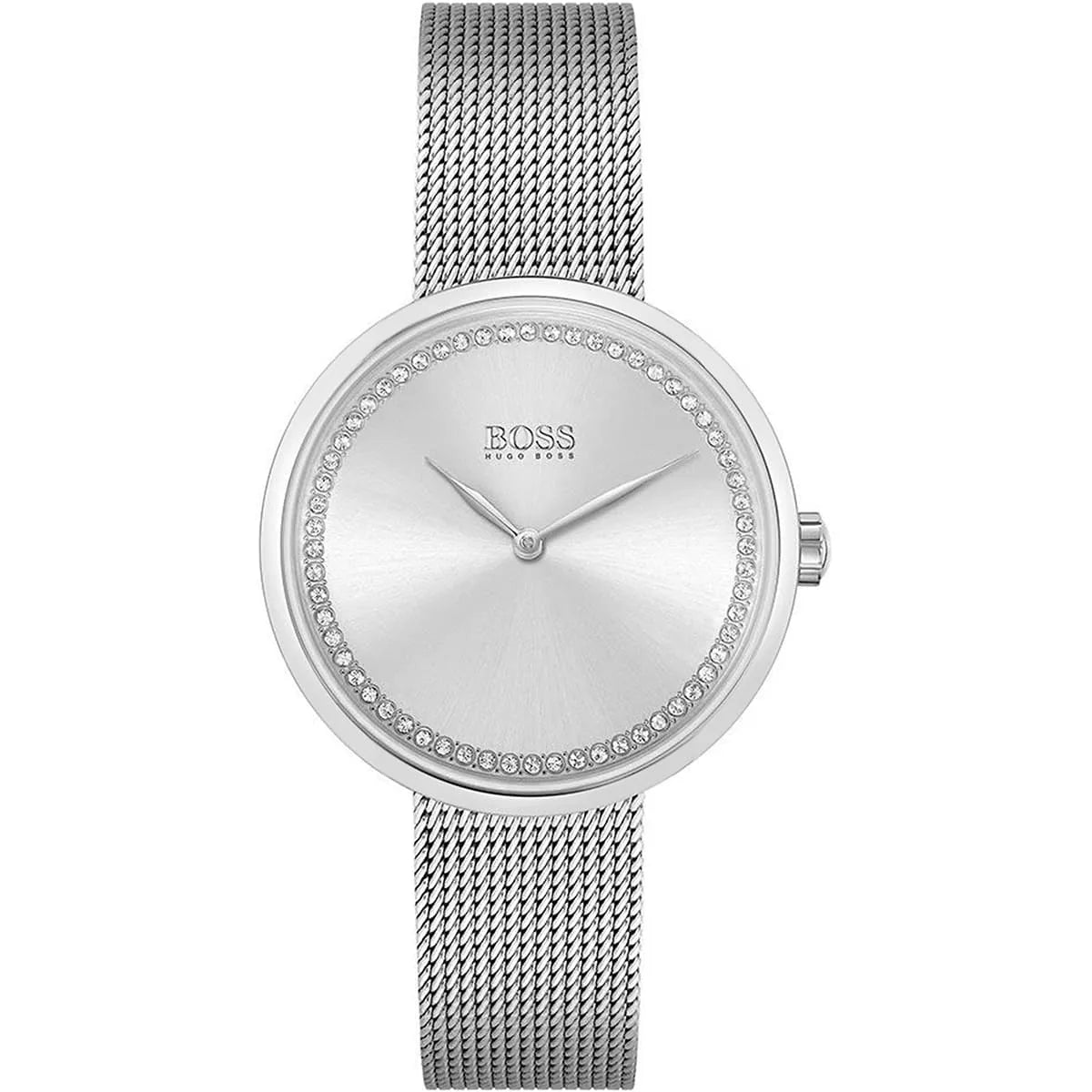 Hugo Boss women's watch with silver dial, crystal bezel, three-hand display, and stainless steel mesh strap