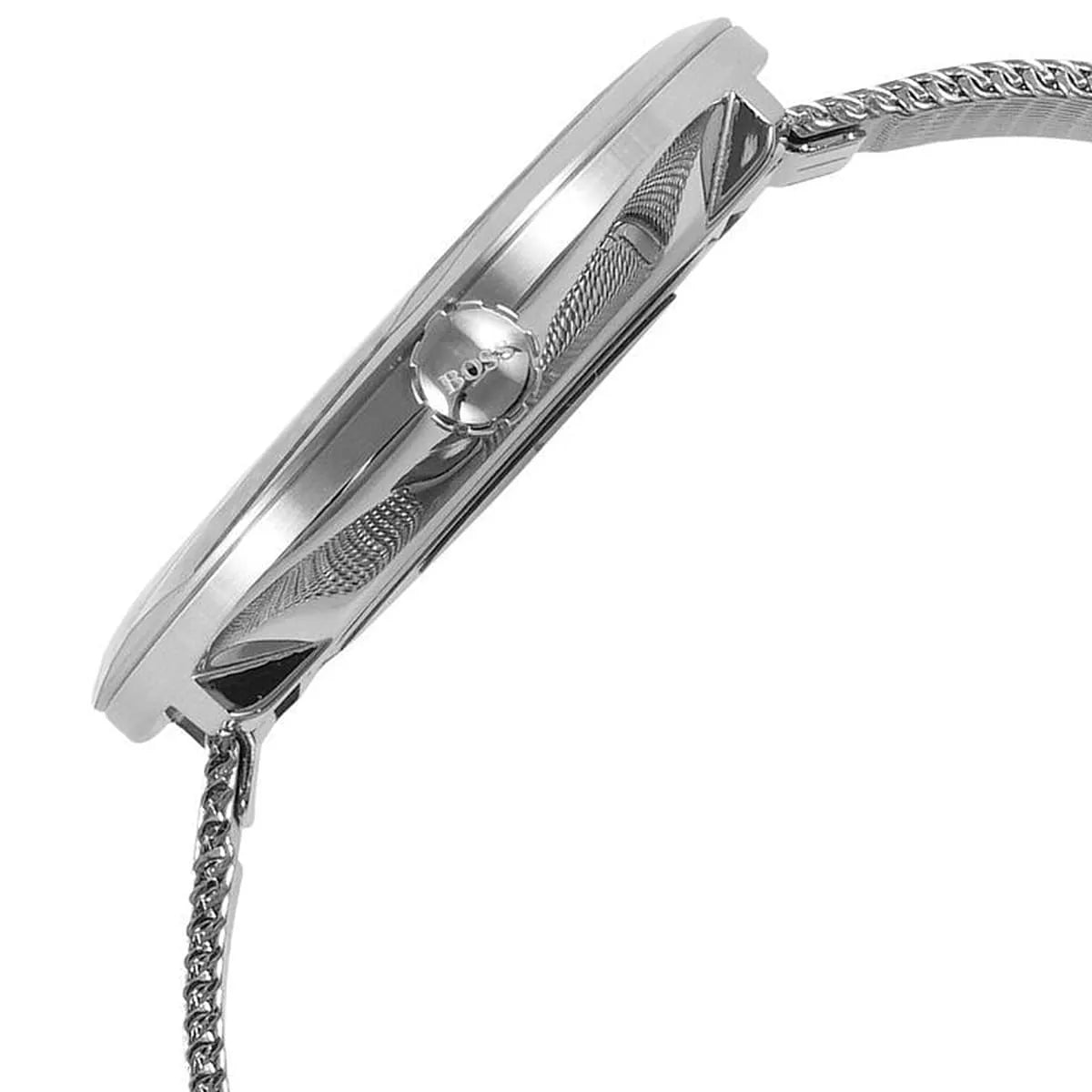 Side profile view of Hugo Boss watch case showing thickness and mesh strap attachment