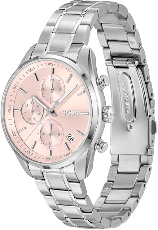 Side angle view of Hugo Boss stainless steel watch with pink mother-of-pearl dial and linked metal bracelet