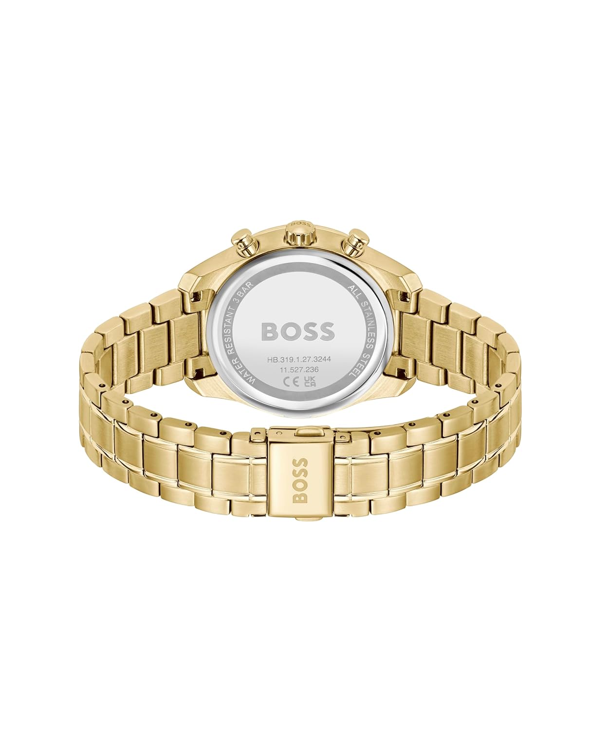 Hugo Boss 1502768 watch caseback showing steel case back and gold bracelet clasp