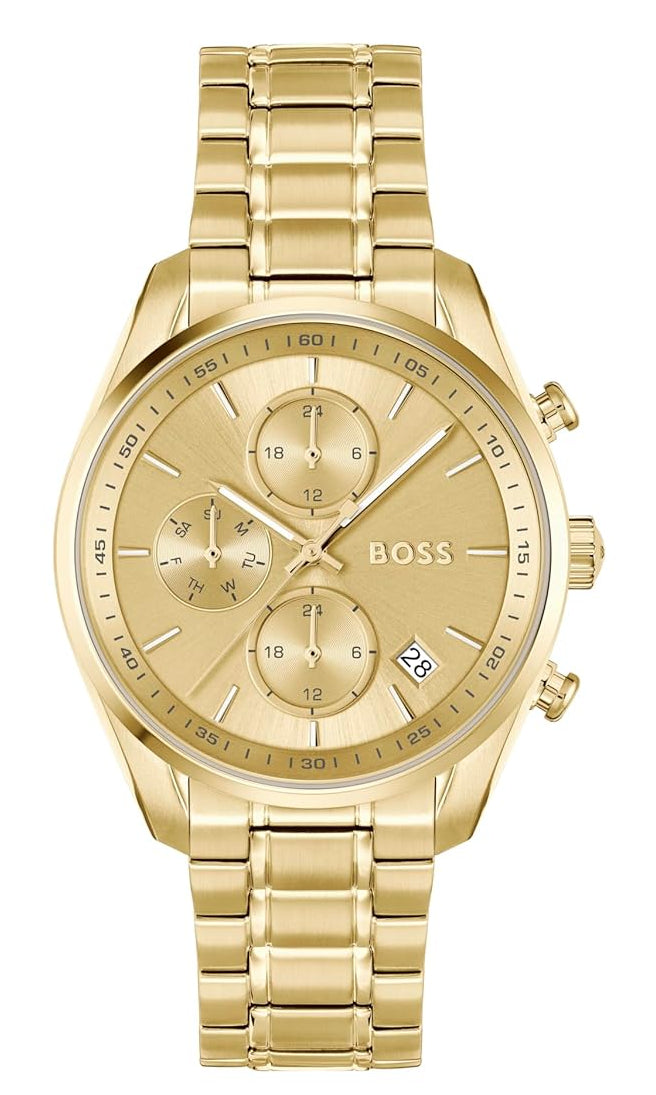 Hugo Boss gold steel women's chronograph watch with multi-function dial and matching bracelet