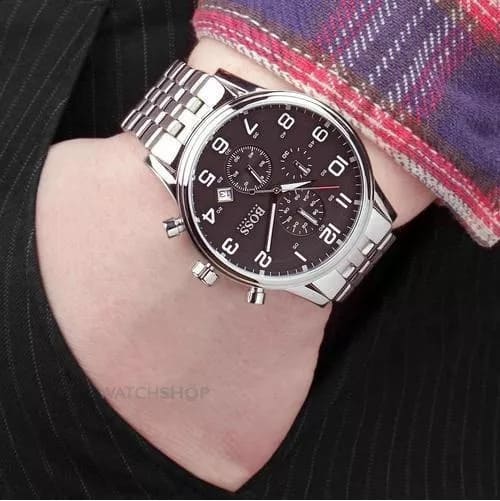 Hugo Boss chronograph black dial watch worn on wrist