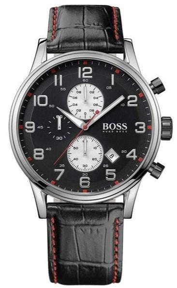 Hugo Boss 1512631 chronograph watch with black dial and black leather strap