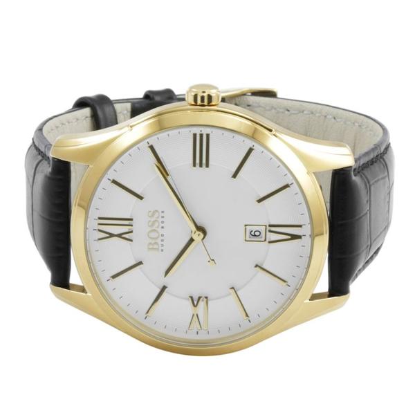 Angled view of Hugo Boss watch showing white dial, gold case, and black croc-embossed leather strap