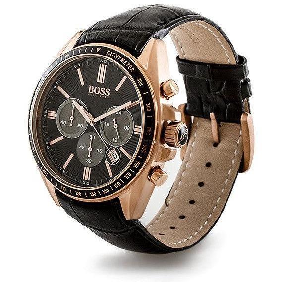 Hugo Boss rose gold chronograph watch shown at angle with black crocodile-textured leather strap