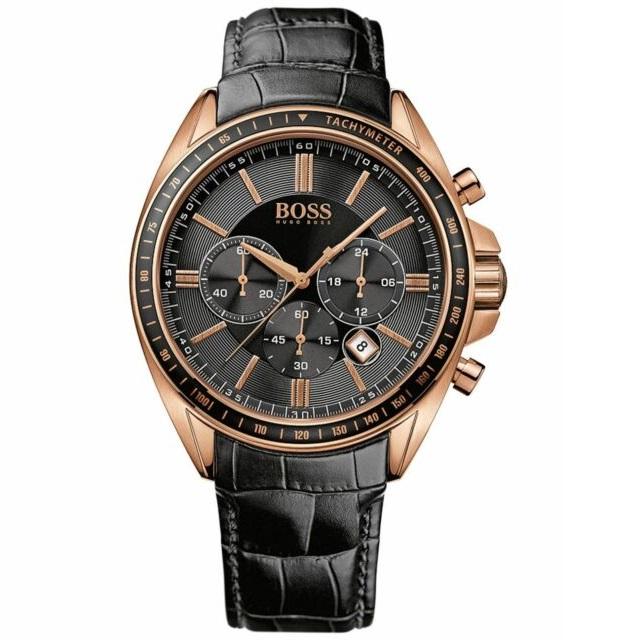 Hugo Boss rose gold chronograph watch with black dial and black leather strap