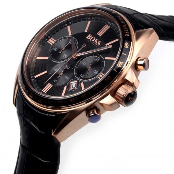 Side view of Hugo Boss rose gold chronograph watch with chronograph pushers and black leather strap