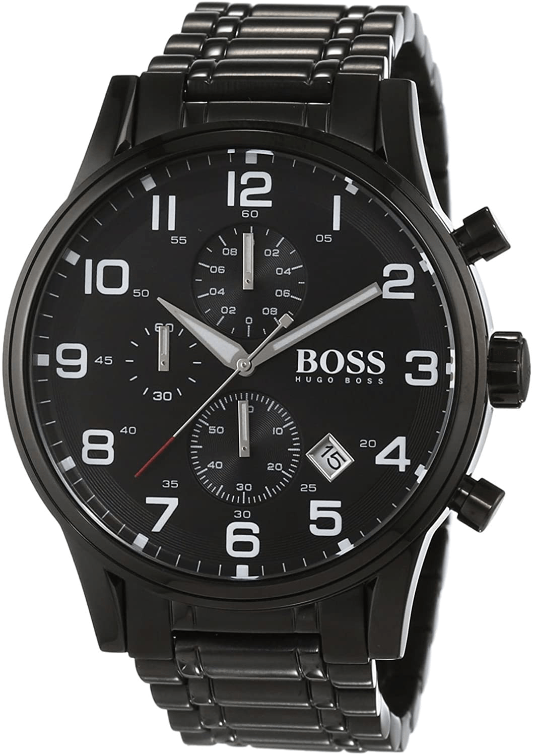 Hugo Boss Grand Central chronograph watch with black stainless steel bracelet at angle view