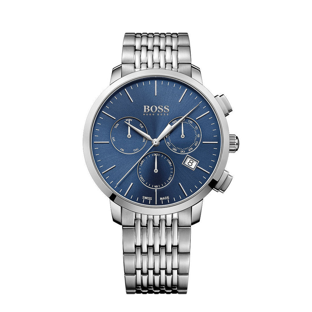 Hugo Boss 1513269 slim chronograph watch with blue dial and three sub-dials, stainless steel bracelet