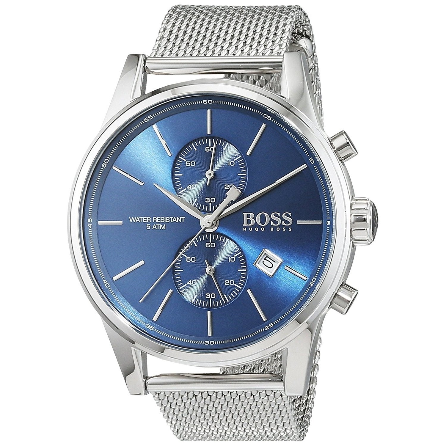 Hugo Boss Jet chronograph with blue sunburst dial and mesh bracelet detail