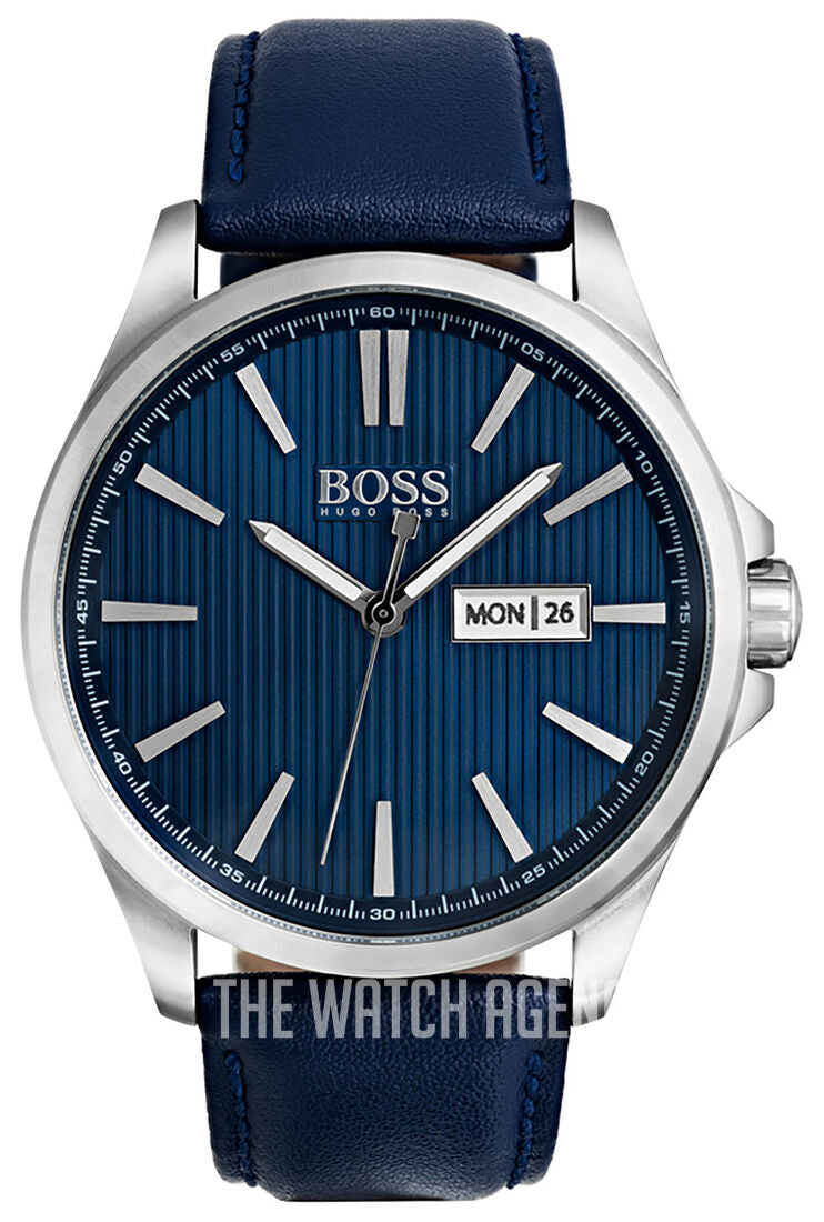 Hugo Boss The James Sport men's watch with blue textured dial, silver hour markers, and day-date window