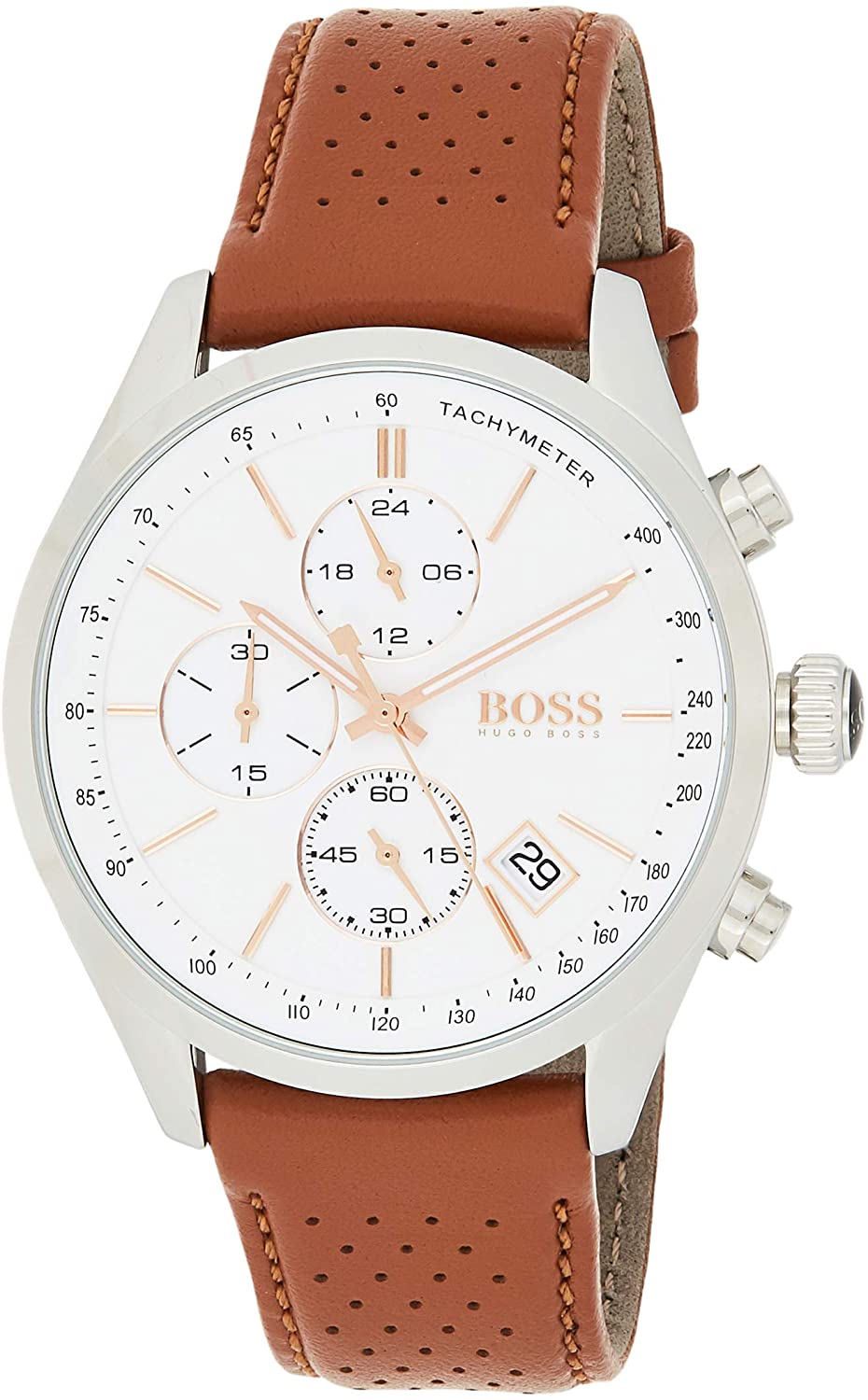 Hugo Boss chronograph men's watch with white dial, brown leather strap, and stainless steel case