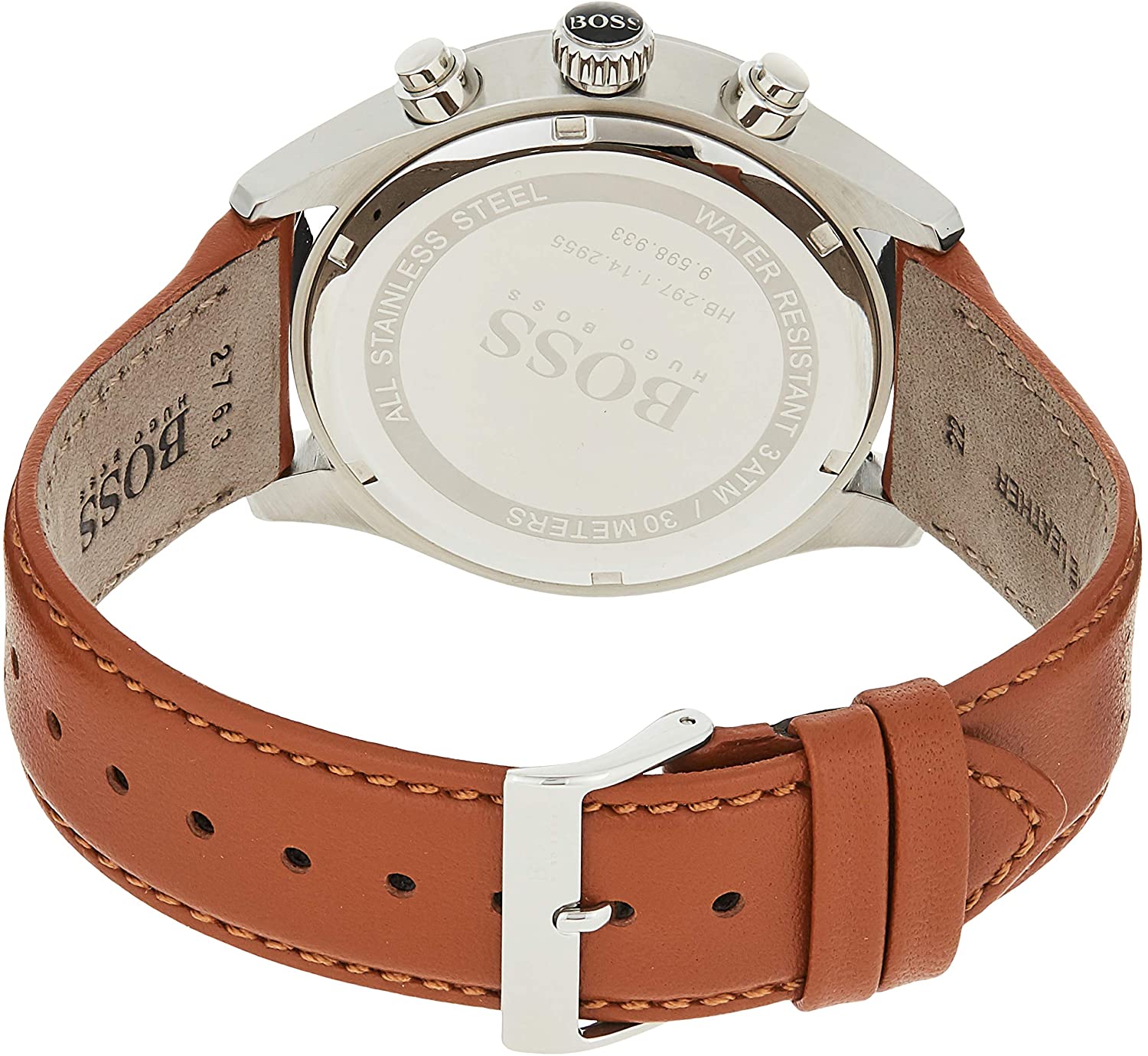 Hugo Boss watch caseback showing stainless steel case with engraved BOSS logo and text