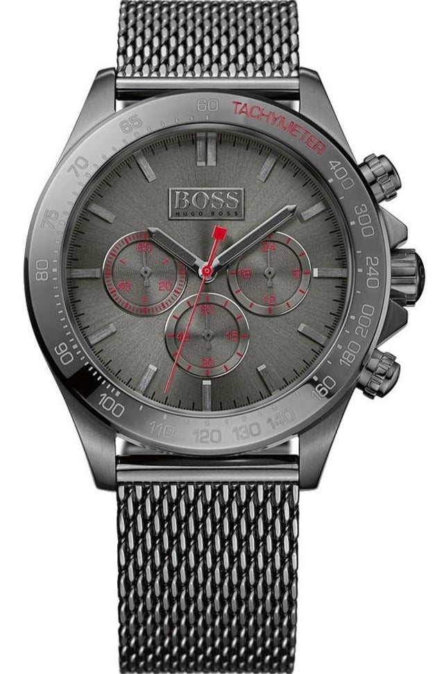 Hugo Boss chronograph watch with gray dial, red subdials, and stainless steel mesh strap