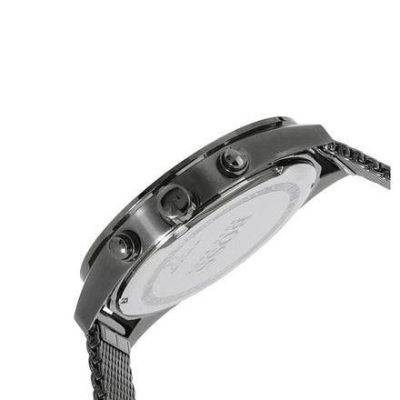 Hugo Boss chronograph watch side profile showing case thickness and stainless steel mesh band